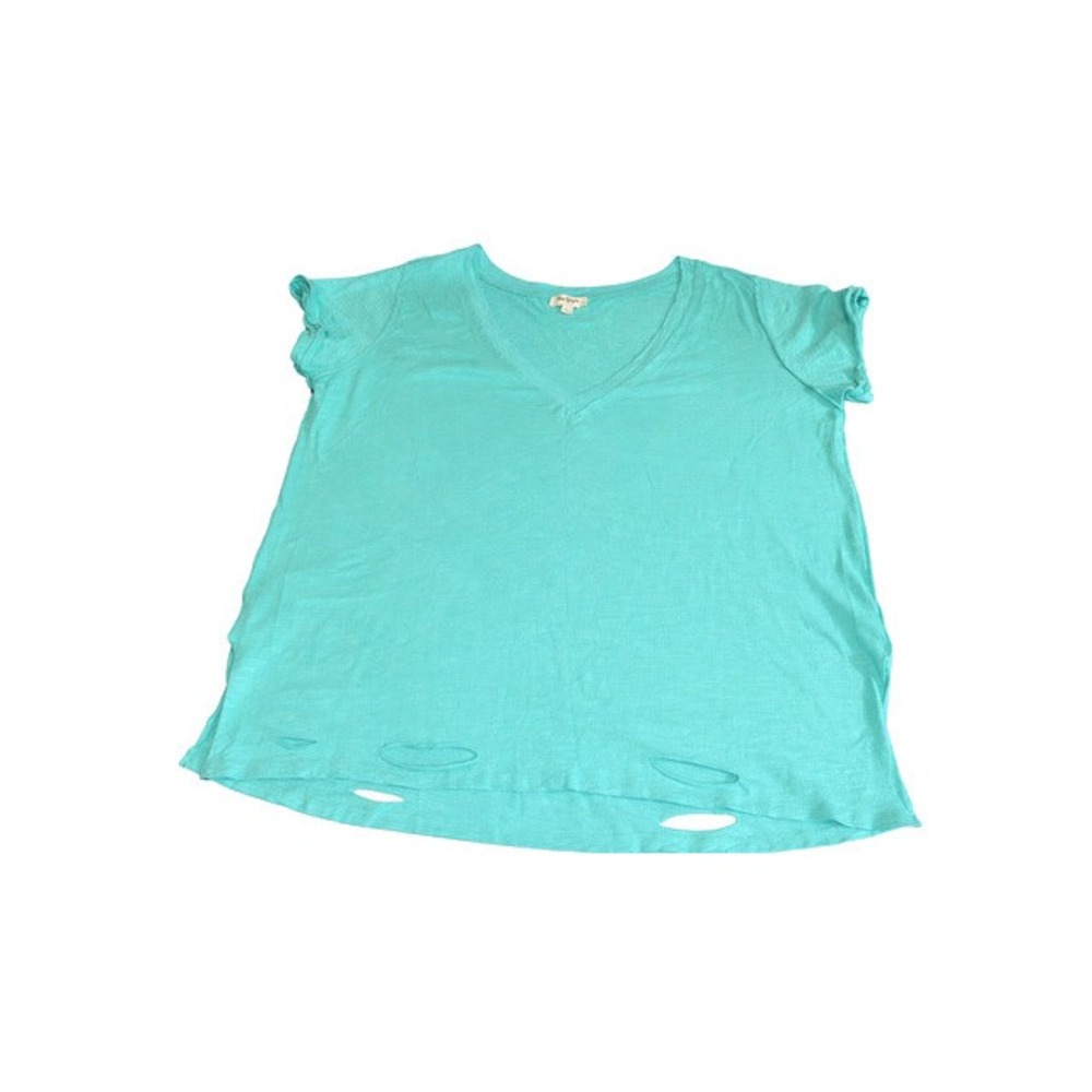 Umgee USA Womens Aqua Turquoise Distressed V-Neck Short Sleeve Slub Top Large
